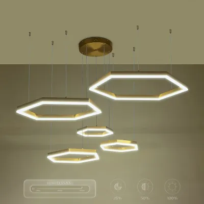 Κρεμαστό φωτιστικό οροφής LED kelvo® LEXAGON 120W 12000lm 200° AC 220-240V IP20 ρυθμιζόμενο λευκό CCT με χειριστήριο από 2700K έως 6000K ντιμμαριζόμενο χρυσό πλατίνα 110x90x110cm