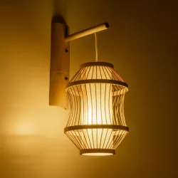 Boho φωτιστικό τοίχου απλίκα kelvo® TULUM για λάμπα με ντουί E27 AC 220-240V IP20 μπεζ μπαμπού και ξύλο 24x32x55cm 01971