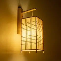 Boho φωτιστικό τοίχου απλίκα kelvo® KOMO για λάμπα με ντουί 1xE27 AC 220-240V IP20 μπεζ ξύλο & μπαμπού 20x30x60cm 01976