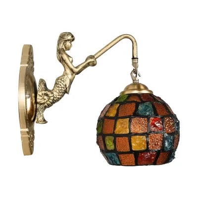 Vintage επιτοίχιο φωτιστικό kelvo® MERMAID με ντουί E27 μπρούτζινο & πολύχρωμο 17x30x27cm 02389