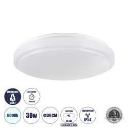 Πλαφονιέρα Οροφής LED EMERGANO 30W 3000lm 120° AC 220-240V με Ενσωματωμένο Σύστημα Emergency Li-ion 3450mAh/12.8Wh με Αυτονομία έως 3hrs - Αδιάβροχη IP54 Φ38 x Υ5.3cm Ψυχρό Λευκό 6000K - Λευκό 