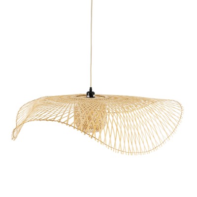 GloboStar® CINNABAR 01838 Boho Κρεμαστό Φωτιστικό Πλέγμα Μονόφωτο 1 x E27 IP20 Μπεζ Ξύλο - Μ100 x Π100 x Υ21cm