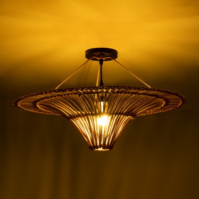 Φωτιστικό οροφής boho PALERMO 1xE27 AC/DC 12-265V ξύλινο μπαμπού πλέγμα IP20 Φ60xΥ36cm μπεζ καφέ GloboStar® PALERMO 02308 Boho Φωτιστικό Οροφής Πλέγμα Μονόφωτο 1 x E27 IP20 Καφέ Ξύλο - Μ60 x Π60 x Υ36cm