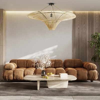 GloboStar® PALERMO 02153 Boho Φωτιστικό Οροφής Πλέγμα Μονόφωτο 1 x E27 IP20 Μπεζ Ξύλο - Μ100 x Π100 x Υ55cm