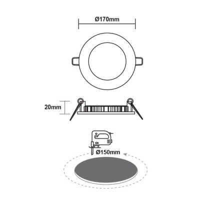 Led slim panel λευκό στρογγυλό χωνευτό 12W 230V θερμό λευκό φως 3000k δέσμης 120° 900lm