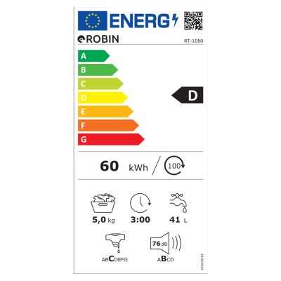 Πλυντήριο ρούχων Robin RT-1050 λευκό χωρητικότητας 5Kg Π59,7xΒ49,7xΥ84,5cm