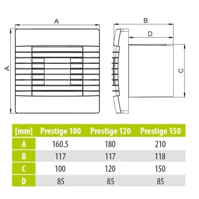 Εξαεριστήρας airRoxy Prestige Φ120 16W 230V 50Hz 126m³/h 44dB 2400rpm με περσίδες βαρύτητας