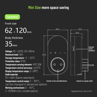 Smart Wifi ψηφιακός θερμοστάτης πρίζας EGER BHT 12B 16Α τύπου Suko με οθόνη μαύρος