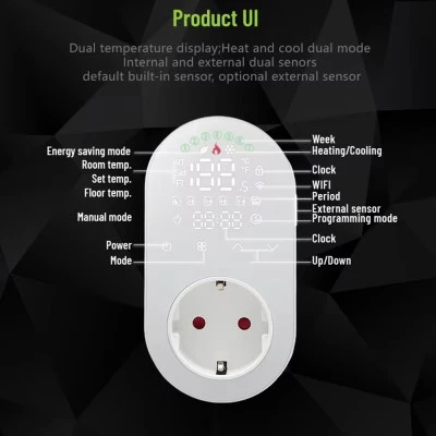 Smart Wifi ψηφιακός θερμοστάτης πρίζας EGER BHT 12W 16Α τύπου Suko με οθόνη λευκός