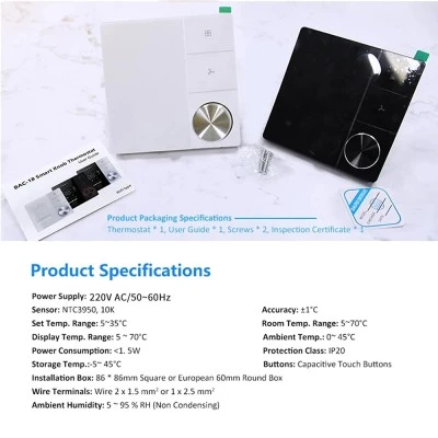 Smart WiFi ψηφιακός θερμοστάτης χωνευτός EGER BAC-18ELW B για 4-σωλήνιο σύστημα Fan-Coil 3-βαθμίδων μαύρο Tuya Smart & Smart Life