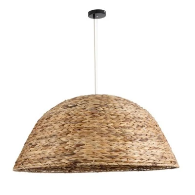 GloboStar® MANGATA 01848 Boho Κρεμαστό Φωτιστικό Οροφής Μονόφωτο 1 x E27 AC220-240V IP20 - Φ90 x Υ40cm - Καφέ Water Hyacinth - Υδρουάκινθος Πλέγμα Καμπάνα - 5 Χρόνια Εγγύηση