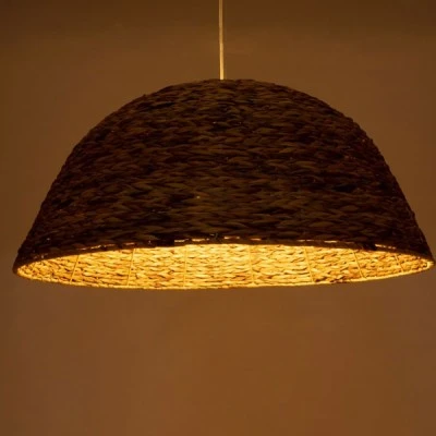 GloboStar® MANGATA 01848 Boho Κρεμαστό Φωτιστικό Οροφής Μονόφωτο 1 x E27 AC220-240V IP20 - Φ90 x Υ40cm - Καφέ Water Hyacinth - Υδρουάκινθος Πλέγμα Καμπάνα - 5 Χρόνια Εγγύηση