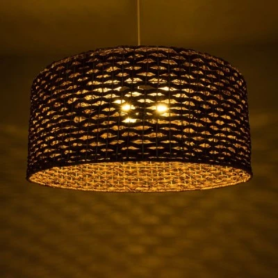 GloboStar® MANGATA 01850 Boho Κρεμαστό Φωτιστικό Οροφής Μονόφωτο 1 x E27 AC220-240V IP20 - Φ90 x Υ40cm - Καφέ Water Hyacinth - Υδρουάκινθος Πλέγμα Καμπάνα - 5 Χρόνια Εγγύηση