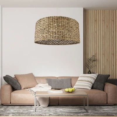 GloboStar® MANGATA 01850 Boho Κρεμαστό Φωτιστικό Οροφής Μονόφωτο 1 x E27 AC220-240V IP20 - Φ90 x Υ40cm - Καφέ Water Hyacinth - Υδρουάκινθος Πλέγμα Καμπάνα - 5 Χρόνια Εγγύηση