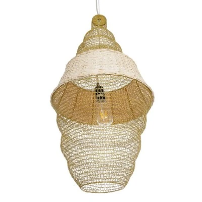 GloboStar® KENTUCKY 01910 Vintage Κρεμαστό Φωτιστικό Οροφής Μονόφωτο 1 x E27 AC220-240V IP20 - Φ40 x Υ80cm - Μπεζ Μεταλλικό με Μπαμπού Πλέγμα - 5 Χρόνια Εγγύηση