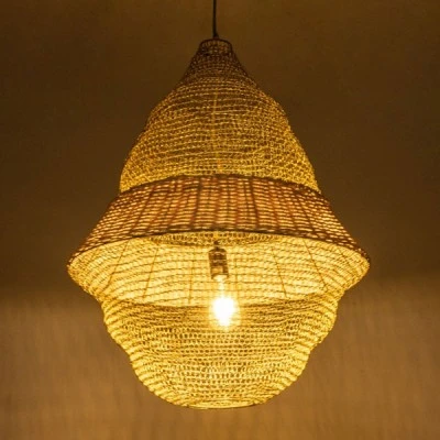 GloboStar® KENTUCKY 01911 Vintage Κρεμαστό Φωτιστικό Οροφής Μονόφωτο 1 x E27 AC220-240V IP20 - Φ60 x Υ80cm - Μπεζ Μεταλλικό με Μπαμπού Πλέγμα - 5 Χρόνια Εγγύηση