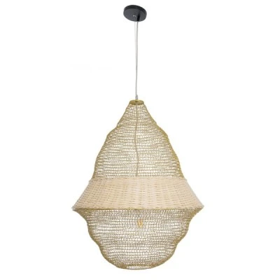 GloboStar® KENTUCKY 01911 Vintage Κρεμαστό Φωτιστικό Οροφής Μονόφωτο 1 x E27 AC220-240V IP20 - Φ60 x Υ80cm - Μπεζ Μεταλλικό με Μπαμπού Πλέγμα - 5 Χρόνια Εγγύηση