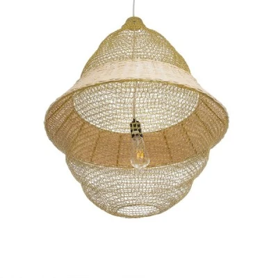 GloboStar® KENTUCKY 01911 Vintage Κρεμαστό Φωτιστικό Οροφής Μονόφωτο 1 x E27 AC220-240V IP20 - Φ60 x Υ80cm - Μπεζ Μεταλλικό με Μπαμπού Πλέγμα - 5 Χρόνια Εγγύηση