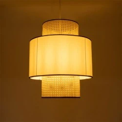 Κρεμαστό φτιστικό μονόφωτο 1 x E27 AC220-240V IP20 - Φ50 x Υ60cm - μπεζ με λευκό και μαύρες λεπτομέρειες ξύλινο μπαμπού πλέγμα