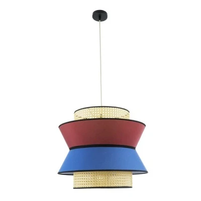 GloboStar® SAIGE 01919 Boho Κρεμαστό Φωτιστικό Πλέγμα Μονόφωτο 1 x E27 IP20 Μπεζ Ξύλο με Κόκκινο & Μπλε Ύφασμα - Μ50 x Π50 x Υ43cm