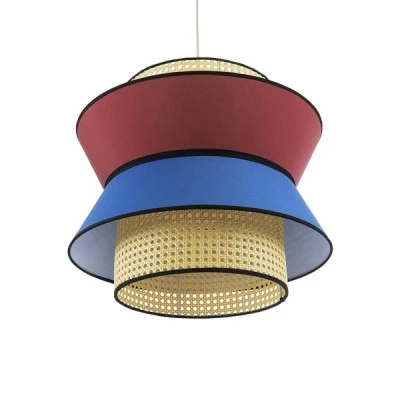 GloboStar® SAIGE 01919 Boho Κρεμαστό Φωτιστικό Πλέγμα Μονόφωτο 1 x E27 IP20 Μπεζ Ξύλο με Κόκκινο & Μπλε Ύφασμα - Μ50 x Π50 x Υ43cm