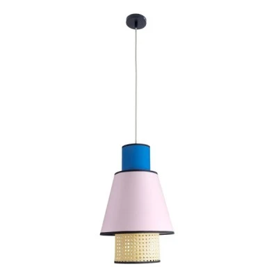 GloboStar® SAIGE 01921 Boho Κρεμαστό Φωτιστικό Πλέγμα Μονόφωτο 1 x E27 IP20 Μπεζ Ξύλο με Μπλε & Ροζ Ύφασμα - Μ30 x Π30 x Υ48cm