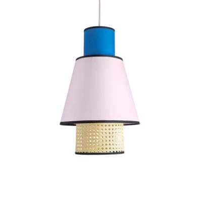 GloboStar® SAIGE 01921 Boho Κρεμαστό Φωτιστικό Πλέγμα Μονόφωτο 1 x E27 IP20 Μπεζ Ξύλο με Μπλε & Ροζ Ύφασμα - Μ30 x Π30 x Υ48cm