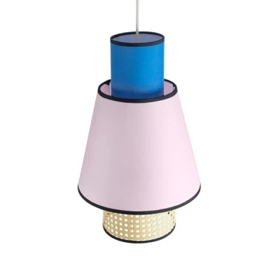 GloboStar® SAIGE 01921 Boho Κρεμαστό Φωτιστικό Πλέγμα Μονόφωτο 1 x E27 IP20 Μπεζ Ξύλο με Μπλε & Ροζ Ύφασμα - Μ30 x Π30 x Υ48cm