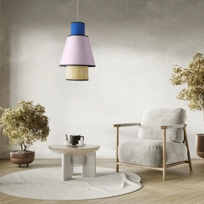 GloboStar® SAIGE 01921 Boho Κρεμαστό Φωτιστικό Πλέγμα Μονόφωτο 1 x E27 IP20 Μπεζ Ξύλο με Μπλε & Ροζ Ύφασμα - Μ30 x Π30 x Υ48cm
