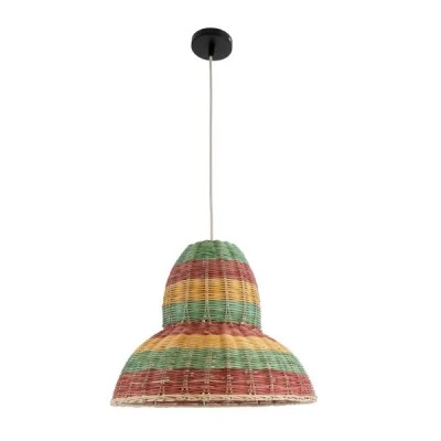 GloboStar® CABALLEROS 02057 Boho Κρεμαστό Φωτιστικό Καμπάνα Μονόφωτο 1 x E27 IP20 Πολύχρωμο Ξύλο - Μ40 x Π40 x Υ30cm