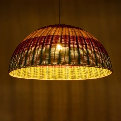 Φωτιστικό CABALLEROS Boho κρεμαστό μονόφωτο 1xE27 Φ70 x Υ34cm πράσινο με κίτρινο & κόκκινο ξύλινο μπαμπού πλέγμα καμπάνα GloboStar® CABALLEROS 02061 Boho Κρεμαστό Φωτιστικό Καμπάνα Μονόφωτο 1 x E27 IP20 Πολύχρωμο Ξύλο - Μ70 x Π70 x Υ34cm