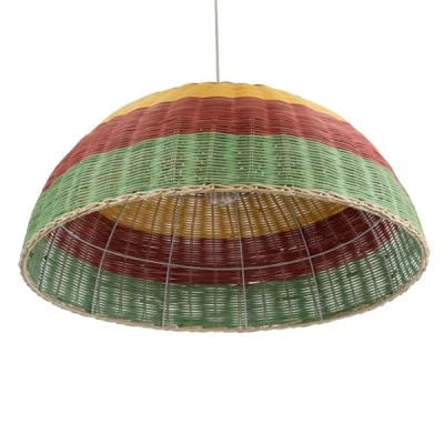 Φωτιστικό CABALLEROS Boho κρεμαστό μονόφωτο 1xE27 Φ70 x Υ34cm πράσινο με κίτρινο & κόκκινο ξύλινο μπαμπού πλέγμα καμπάνα GloboStar® CABALLEROS 02061 Boho Κρεμαστό Φωτιστικό Καμπάνα Μονόφωτο 1 x E27 IP20 Πολύχρωμο Ξύλο - Μ70 x Π70 x Υ34cm