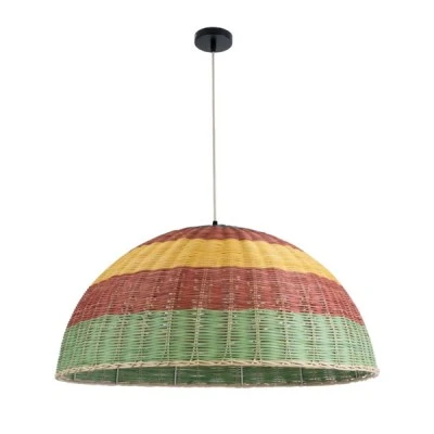 Φωτιστικό CABALLEROS Boho κρεμαστό μονόφωτο 1xE27 Φ70 x Υ34cm πράσινο με κίτρινο & κόκκινο ξύλινο μπαμπού πλέγμα καμπάνα GloboStar® CABALLEROS 02061 Boho Κρεμαστό Φωτιστικό Καμπάνα Μονόφωτο 1 x E27 IP20 Πολύχρωμο Ξύλο - Μ70 x Π70 x Υ34cm