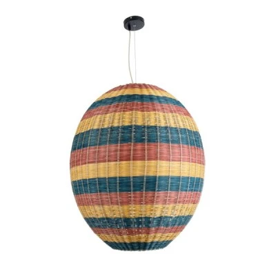 Φωτιστικό CABALLEROS Boho κρεμαστό 1xE27 με διάσταση Φ70xΥ80cm πράσινο με κίτρινο & μπλε με κόκκινο ξύλινο μπαμπού πλέγμα GloboStar® CABALLEROS 02066 Boho Κρεμαστό Φωτιστικό Πλέγμα Μονόφωτο 1 x E27 IP20 Πολύχρωμο Ξύλο - Μ70 x Π70 x Υ80cm