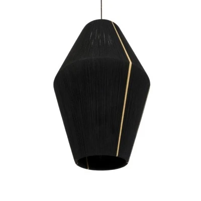 GloboStar® SALERNO 02078 Boho Κρεμαστό Φωτιστικό Οροφής Μονόφωτο 1 x E27 AC220-240V IP20 - Φ50 x Υ80cm - Μαύρο με Μπεζ Λεπτό Νήμα Βαμβακερό Πλέγμα Καμπάνα - 5 Χρόνια Εγγύηση
