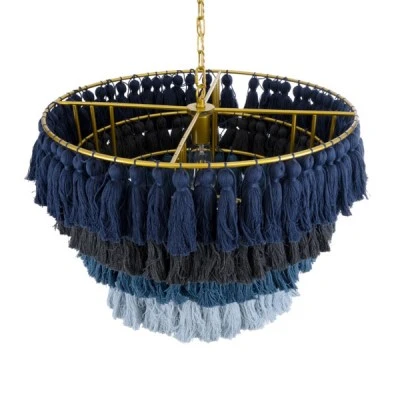 GloboStar® MISSOULA 02089 Boho Κρεμαστό Φωτιστικό Σχοινί Μονόφωτο 1 x E27 IP20 Πολύχρωμο Ύφασμα με Χρυσό Μέταλλο - Μ60 x Π60 x Υ40cm