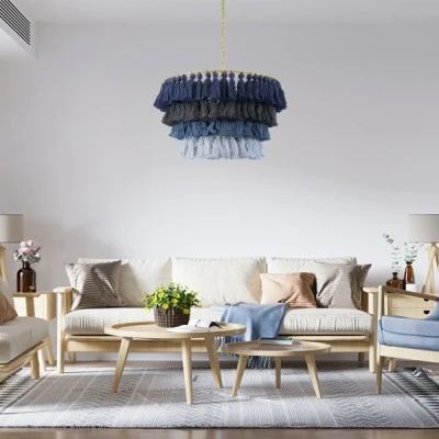 GloboStar® MISSOULA 02089 Boho Κρεμαστό Φωτιστικό Σχοινί Μονόφωτο 1 x E27 IP20 Πολύχρωμο Ύφασμα με Χρυσό Μέταλλο - Μ60 x Π60 x Υ40cm