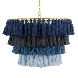 Κρεμαστό φωτιστικό boho μονόφωτο 1xE27 Φ60 x Υ40cm μπλε σκούρο με μαύρο και μπλε ανοιχτό βαμβακερό και χρυσό πλέγμα