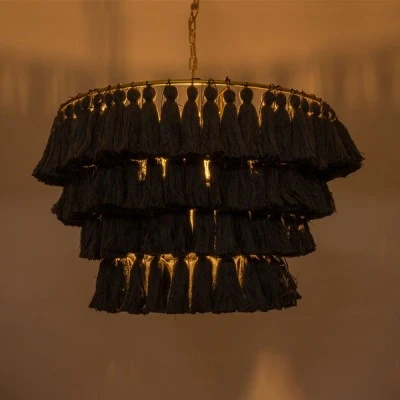 Κρεμαστό φωτιστικό μονόφωτο 1 x E27 IP20 - Φ60 x Υ40cm μαύρο λεπτό νήμα βαμβακερό και χρυσό μεταλλικό πλέγμα GloboStar® MISSOULA 02091 Boho Κρεμαστό Φωτιστικό Σχοινί Μονόφωτο 1 x E27 IP20 Μαύρο Ύφασμα με Χρυσό Μέταλλο - Μ60 x Π60 x Υ40cm