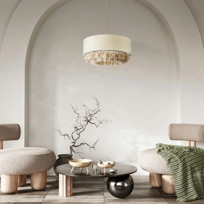 GloboStar® GINGER 02100 Boho Κρεμαστό Φωτιστικό Καπέλο Μονόφωτο 1 x E27 IP20 Μπεζ Ύφασμα με Μπεζ Σχοινί - Μ50 x Π50 x Υ25cm