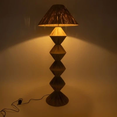 GloboStar® LUANA 02108 Boho Επιδαπέδιο Φωτιστικό Μονόφωτο 1 x E27 AC220-240V IP20 - Φ60 x Υ150cm - Μπεζ Φυσική Ράφια Νήμα Καπέλο - 5 Χρόνια Εγγύηση