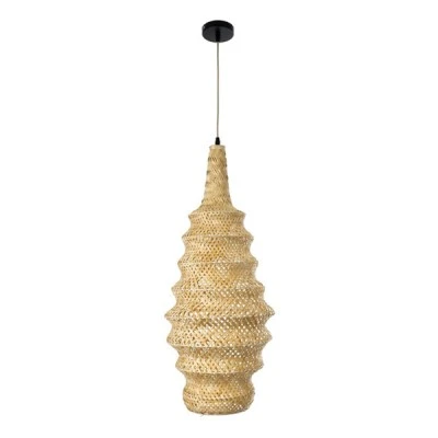 GloboStar® MAUI 02114 Boho Κρεμαστό Φωτιστικό Οροφής Μονόφωτο 1 x E27 AC220-240V IP20 - Φ30 x Υ77cm - Μπεζ Ξύλινο Μπαμπού Πλέγμα - 5 Χρόνια Εγγύηση