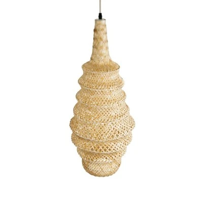 GloboStar® MAUI 02114 Boho Κρεμαστό Φωτιστικό Οροφής Μονόφωτο 1 x E27 AC220-240V IP20 - Φ30 x Υ77cm - Μπεζ Ξύλινο Μπαμπού Πλέγμα - 5 Χρόνια Εγγύηση