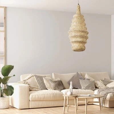 GloboStar® MAUI 02114 Boho Κρεμαστό Φωτιστικό Οροφής Μονόφωτο 1 x E27 AC220-240V IP20 - Φ30 x Υ77cm - Μπεζ Ξύλινο Μπαμπού Πλέγμα - 5 Χρόνια Εγγύηση