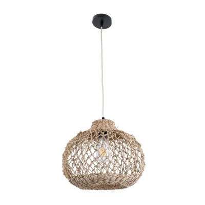 GloboStar® ECUADOR 02115 Boho Κρεμαστό Φωτιστικό Πλέγμα Μονόφωτο 1 x E27 IP20 Μπεζ Rattan - Μ35 x Π35 x Υ28cm