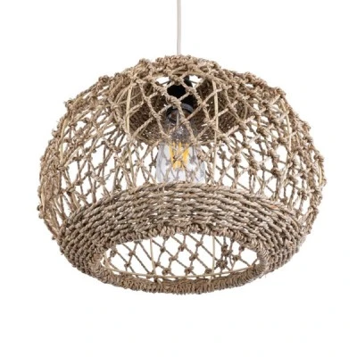 GloboStar® ECUADOR 02115 Boho Κρεμαστό Φωτιστικό Πλέγμα Μονόφωτο 1 x E27 IP20 Μπεζ Rattan - Μ35 x Π35 x Υ28cm