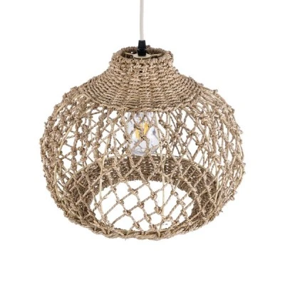 GloboStar® ECUADOR 02115 Boho Κρεμαστό Φωτιστικό Πλέγμα Μονόφωτο 1 x E27 IP20 Μπεζ Rattan - Μ35 x Π35 x Υ28cm