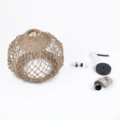 GloboStar® ECUADOR 02115 Boho Κρεμαστό Φωτιστικό Πλέγμα Μονόφωτο 1 x E27 IP20 Μπεζ Rattan - Μ35 x Π35 x Υ28cm