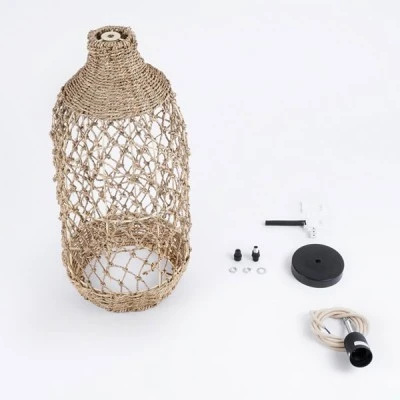 GloboStar® ECUADOR 02116 Boho Κρεμαστό Φωτιστικό Πλέγμα Μονόφωτο 1 x E27 IP20 Μπεζ Rattan - Μ23 x Π23 x Υ50cm