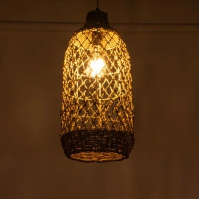 GloboStar® ECUADOR 02116 Boho Κρεμαστό Φωτιστικό Πλέγμα Μονόφωτο 1 x E27 IP20 Μπεζ Rattan - Μ23 x Π23 x Υ50cm